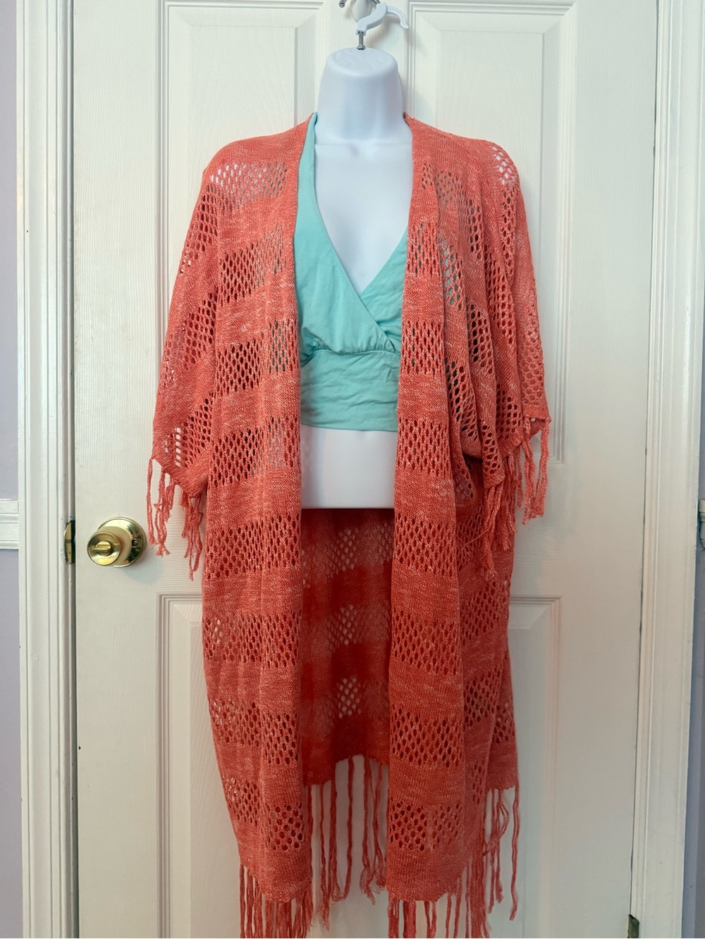 Open Knit Fringe Cardigan - Coral